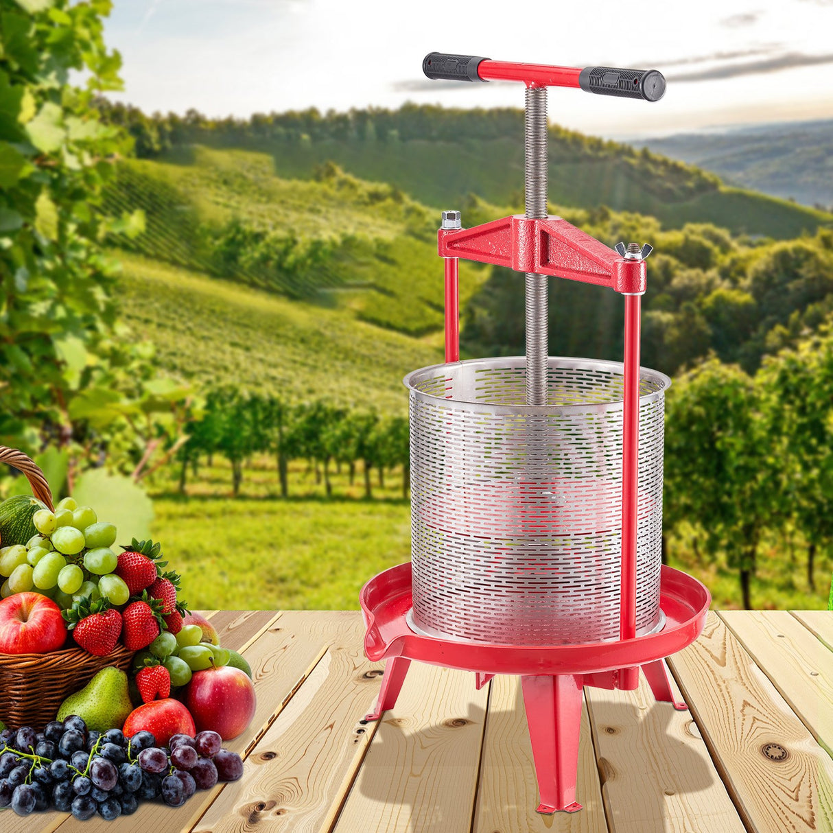 3.69 Gal/14L Fruit Wine Press, Stainless Steel Basket with Cross-beam and Triangular Structure, Manual Juice Maker, Cider Apple Grape Tincture Making Press with T-Handle for Kitchen Home