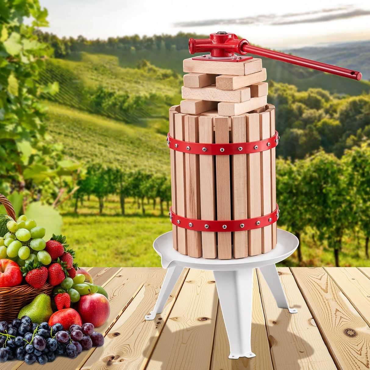 1.6 Gal/6L Fruit Wine Press, Solid Wood Basket with 8 Blocks, Heavy Duty Manual Juice Maker, Cider Apple Grape Tincture Honey Olive Oil Making Press with Handle for Kitchen, Home