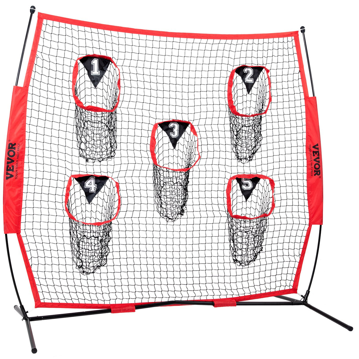 VEVOR 8 x 8 ft Football Trainer Throwing Net, Training Throwing Target Practice Net with 5 Target Pockets, Knotless Net Includes Bow Frame and