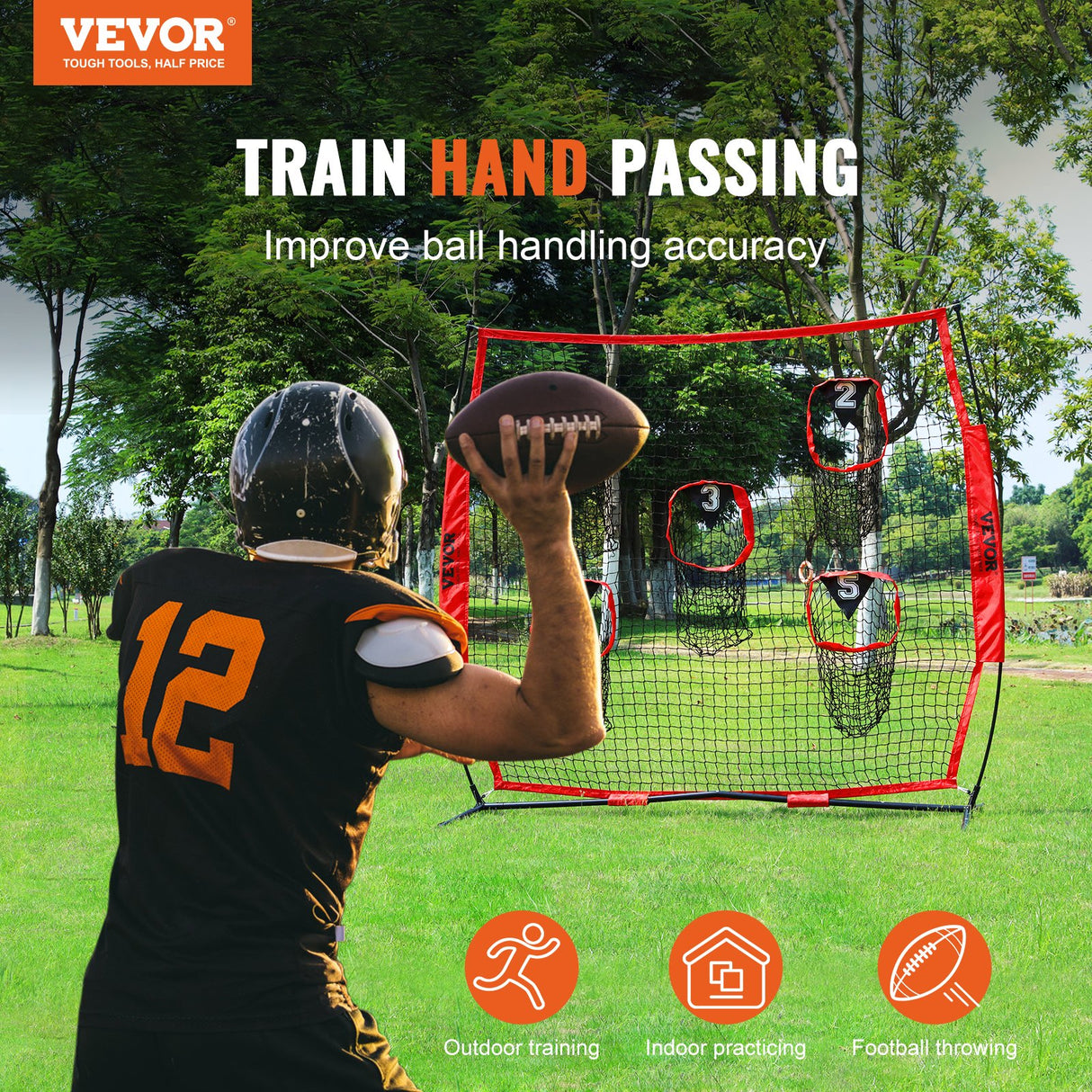 VEVOR 8 x 8 ft Football Trainer Throwing Net, Training Throwing Target Practice Net with 5 Target Pockets, Knotless Net Includes Bow Frame and