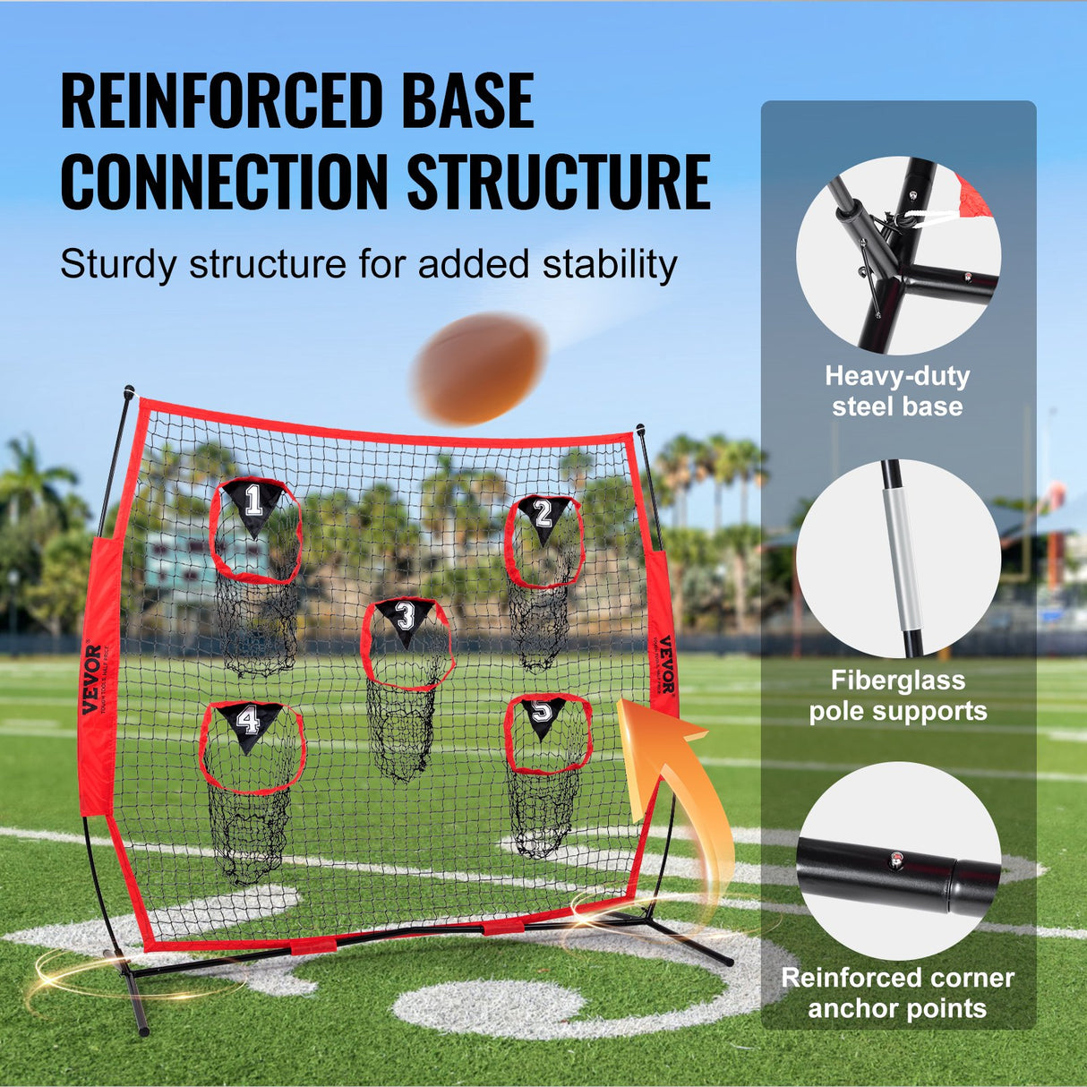 VEVOR 8 x 8 ft Football Trainer Throwing Net, Training Throwing Target Practice Net with 5 Target Pockets, Knotless Net Includes Bow Frame and