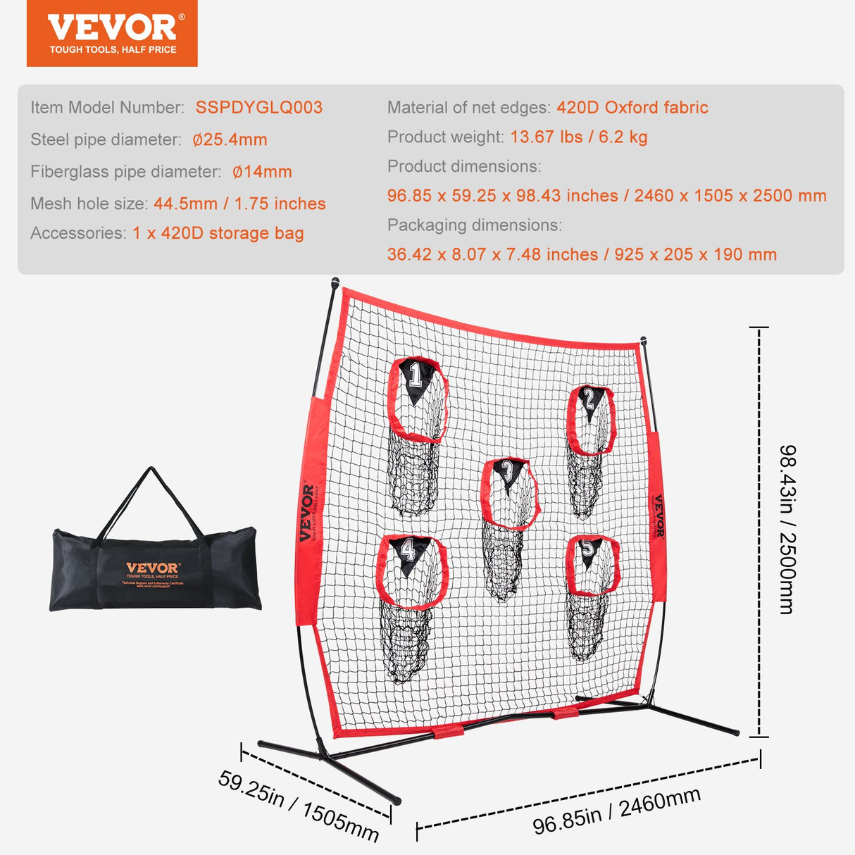 VEVOR 8 x 8 ft Football Trainer Throwing Net, Training Throwing Target Practice Net with 5 Target Pockets, Knotless Net Includes Bow Frame and