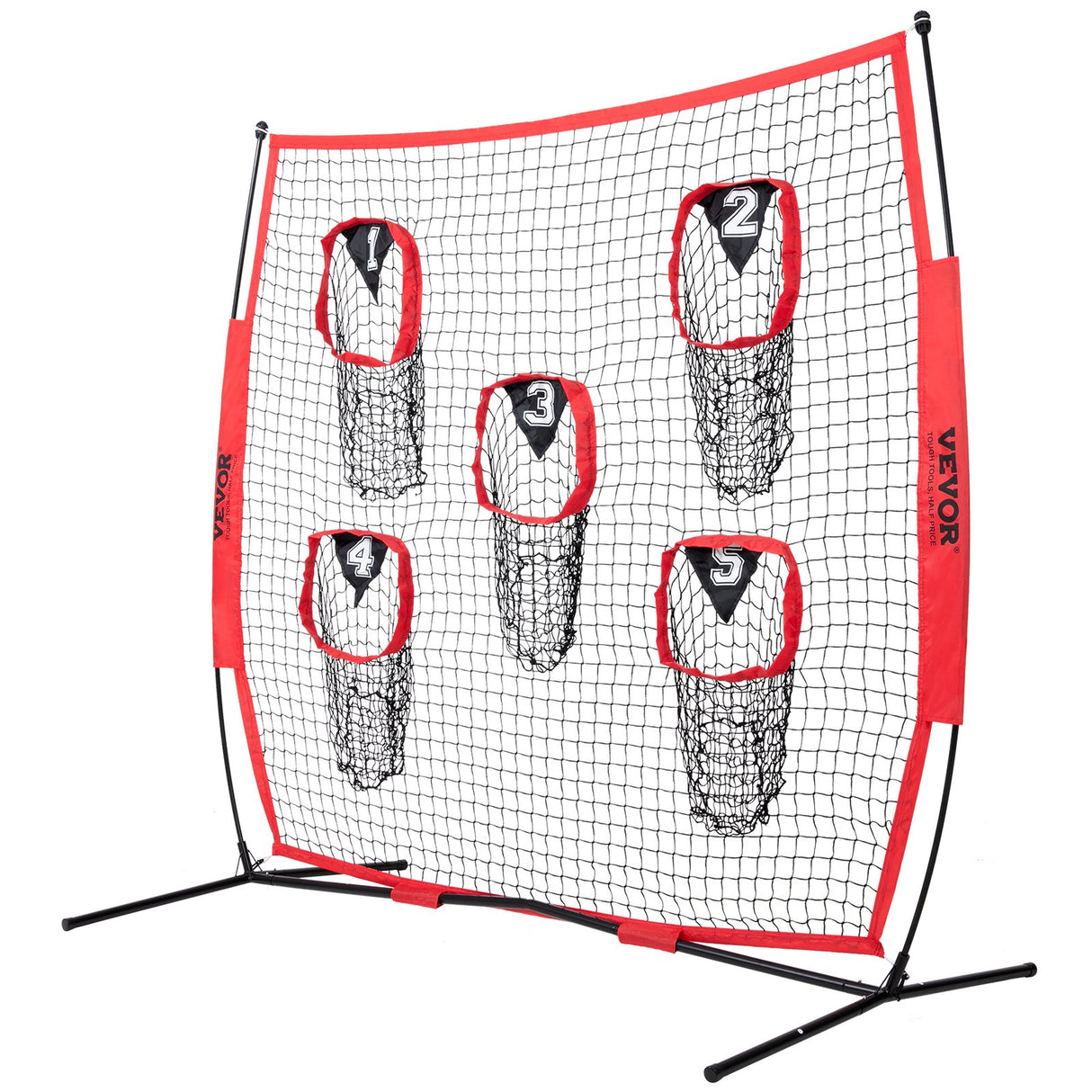 VEVOR 8 x 8 ft Football Trainer Throwing Net, Training Throwing Target Practice Net with 5 Target Pockets, Knotless Net Includes Bow Frame and