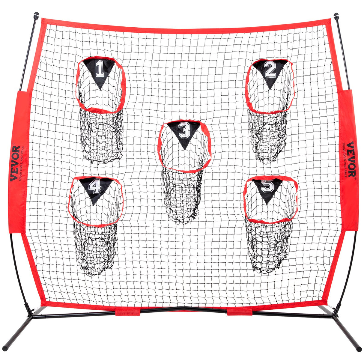 VEVOR 8 x 8 ft Football Trainer Throwing Net, Training Throwing Target Practice Net with 5 Target Pockets, Knotless Net Includes Bow Frame and