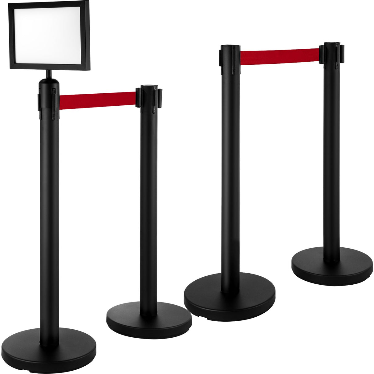 VEVOR Stanchion Post Barriers 4-Set Line Dividers, Stainless Steel Stanchions with 6.6 Black Retractable Belts, Stanchions with One Sign Frame, 34.6