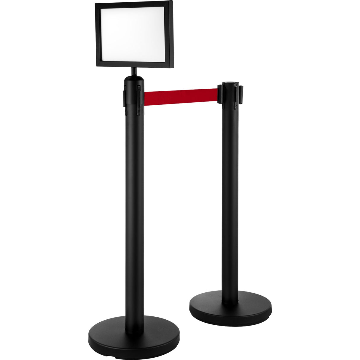 VEVOR Stanchion Post Barriers 4-Set Line Dividers, Stainless Steel Stanchions with 6.6 Black Retractable Belts, Stanchions with One Sign Frame, 34.6