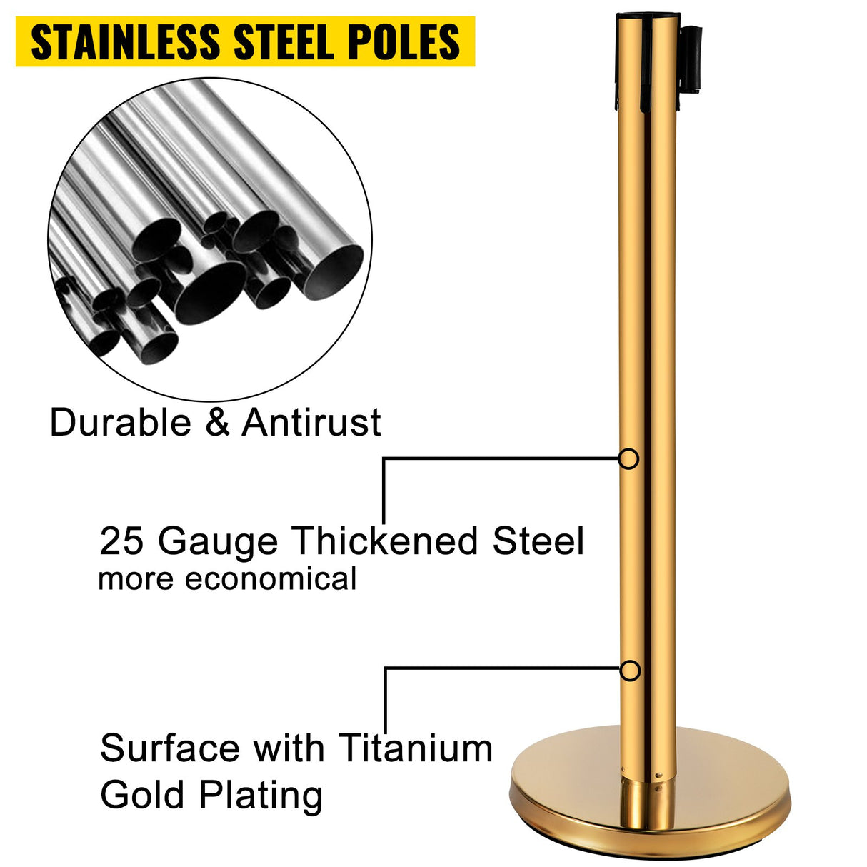 VEVOR Stanchion Post Barriers 6-Set Line Dividers, Stainless Steel Stanchions with 6.6 Red Retractable Belts, Stanchions with One Sign Frame, 34.6