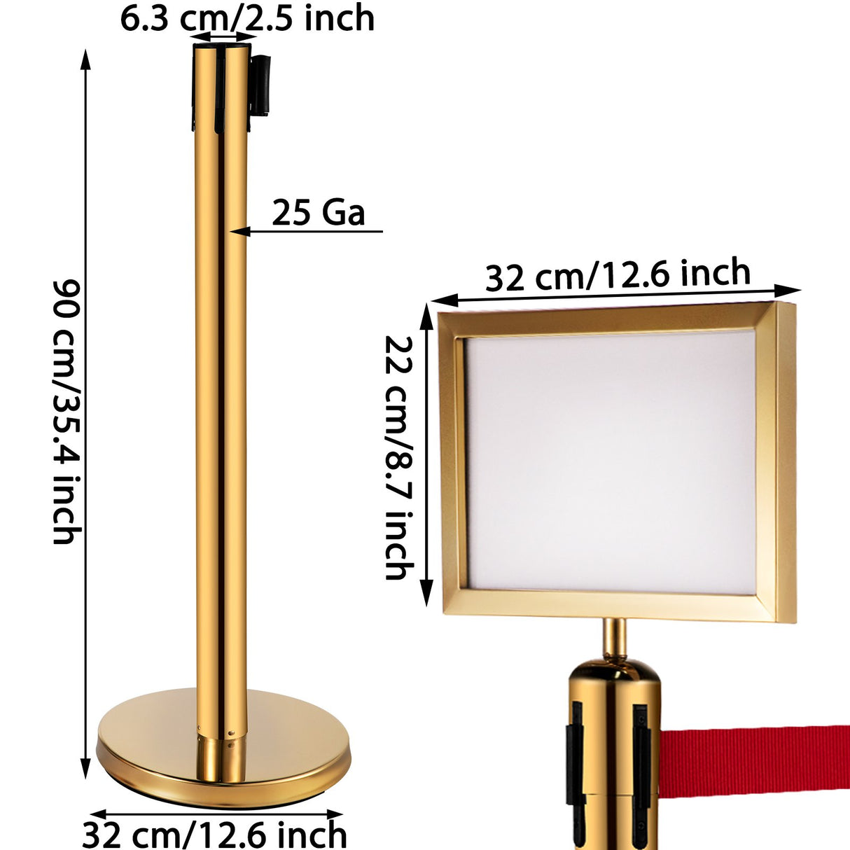 VEVOR Stanchion Post Barriers 6-Set Line Dividers, Stainless Steel Stanchions with 6.6 Red Retractable Belts, Stanchions with One Sign Frame, 34.6 Queue Safety Stanchions (Gold)