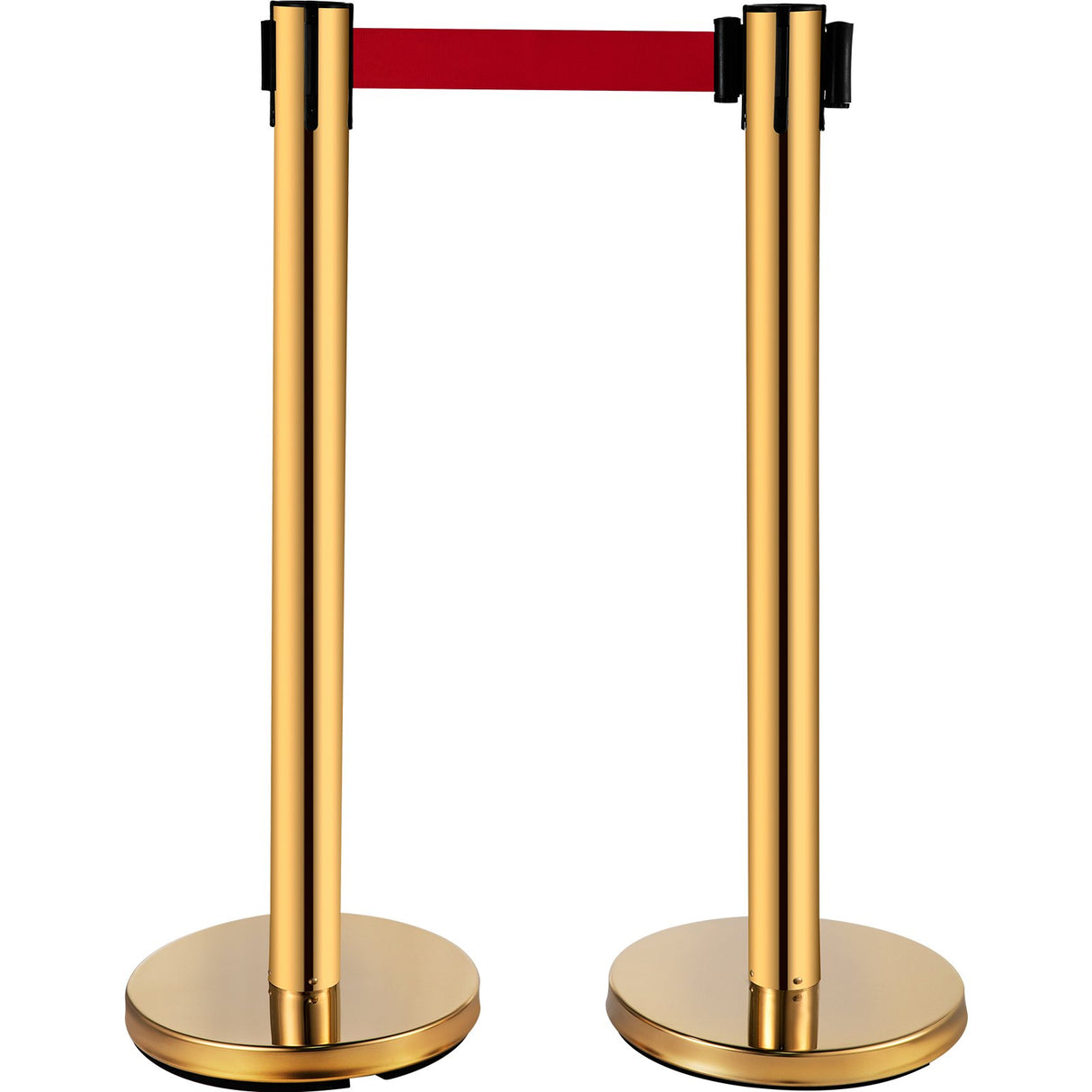 VEVOR Stanchion Post Barriers 6-Set Line Dividers, Stainless Steel Stanchions with 6.6 Red Retractable Belts, Stanchions with One Sign Frame, 34.6 Queue Safety Stanchions (Gold)