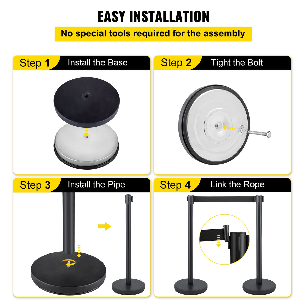 VEVOR Crowd Control Stanchion, Set of 6 Pieces Stanchion Set, Stanchion Set with 6.6 ft/2 m Black Retractable Belt, Black Crowd Control Barrier with Concrete and Metal Base ??Easy Connect Assembly