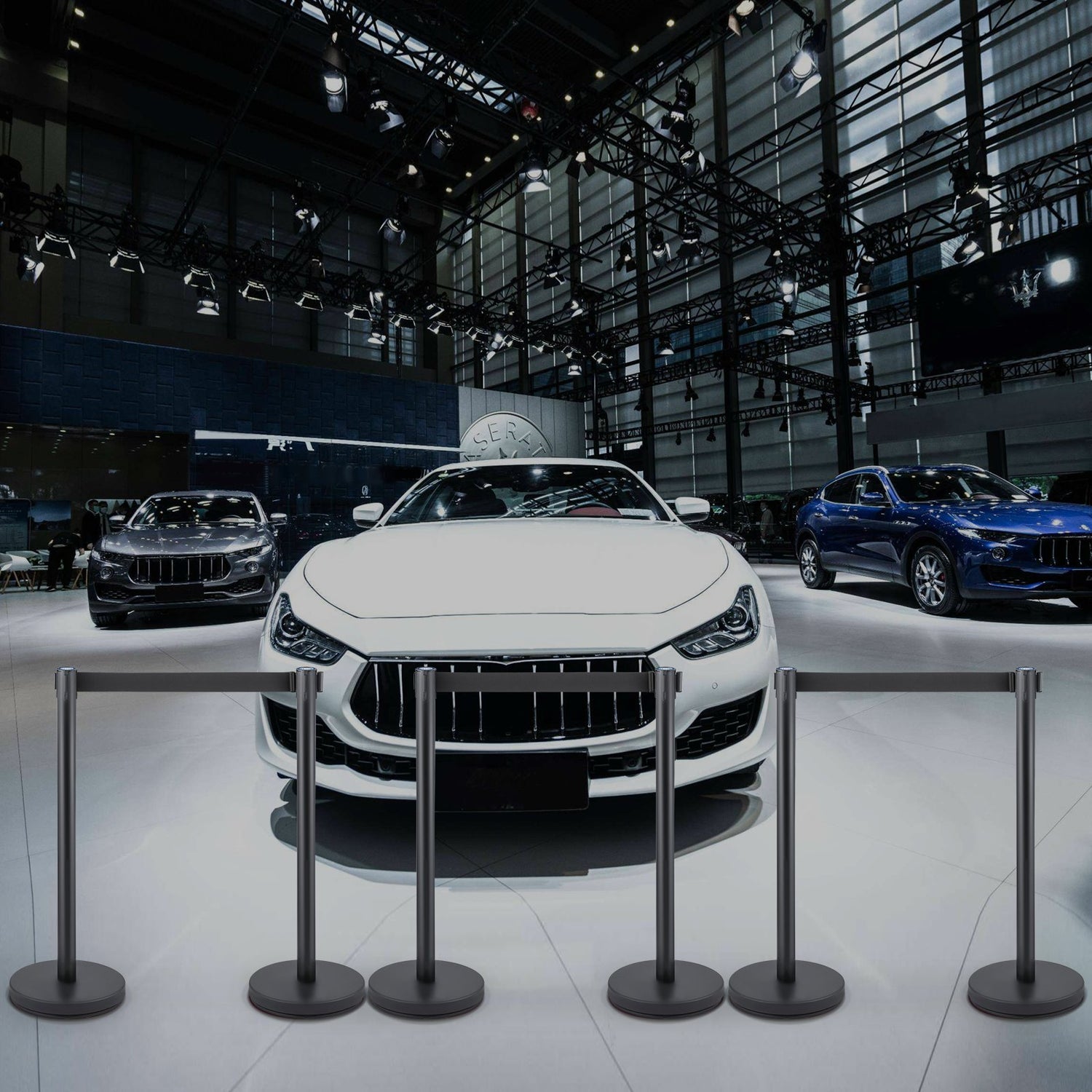 VEVOR Crowd Control Stanchion, Set of 6 Pieces Stanchion Set, Stanchion Set with 6.6 ft/2 m Black Retractable Belt, Black Crowd Control Barrier with Concrete and Metal Base – Easy Connect Assembly