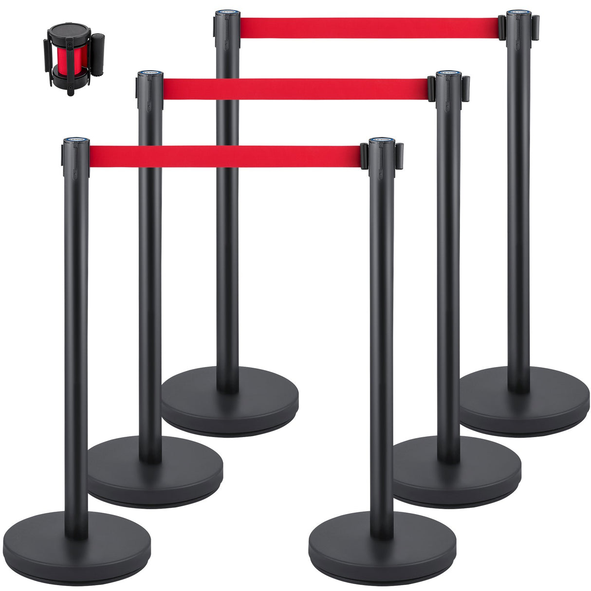 VEVOR Crowd Control Stanchion, Set of 6 Pieces Stanchion Set, Stanchion Set with 6.6 ft/2 m Red Retractable Belt, Crowd Control Barrier with Rubber Base ??Easy Connect Assembly for Crowd Control (Black)