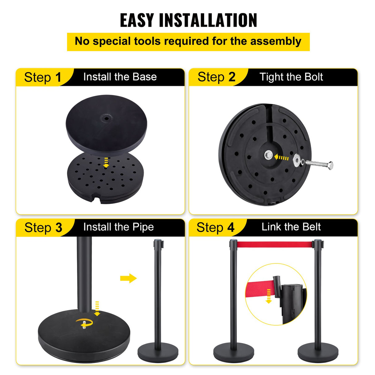VEVOR Crowd Control Stanchion, Set of 6 Pieces Stanchion Set, Stanchion Set with 6.6 ft/2 m Red Retractable Belt, Crowd Control Barrier with Rubber Base ??Easy Connect Assembly for Crowd Control (Black)