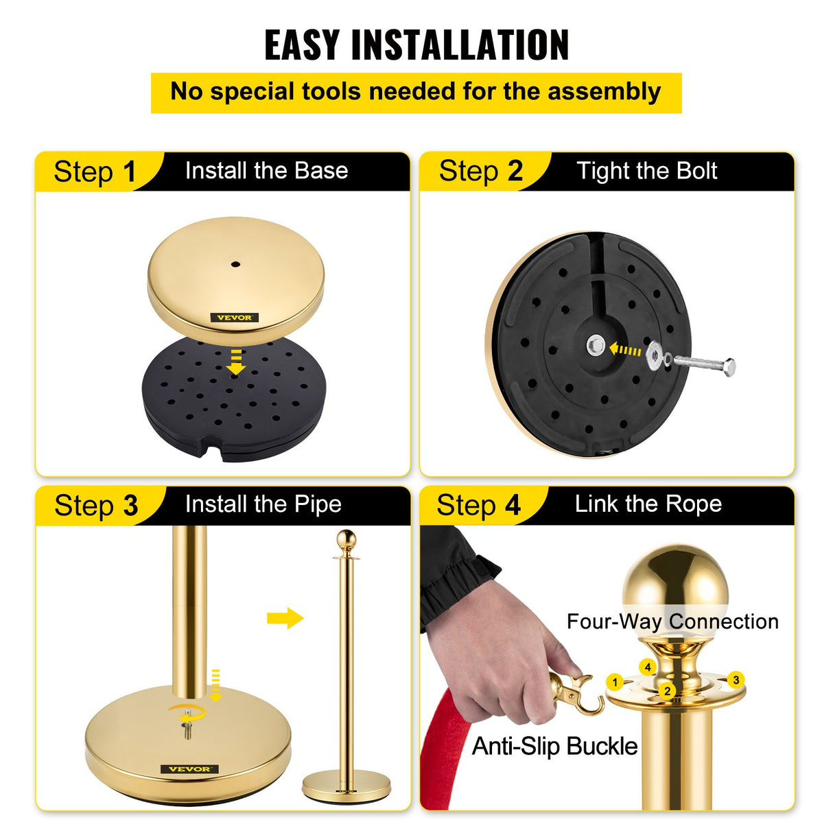 VEVOR 4PCS Gold Stanchion Posts Queue, 38 Inch Red Velvet Rope, Crowd Control Barriers Queue Line Rope, Barriers for Party Supplies