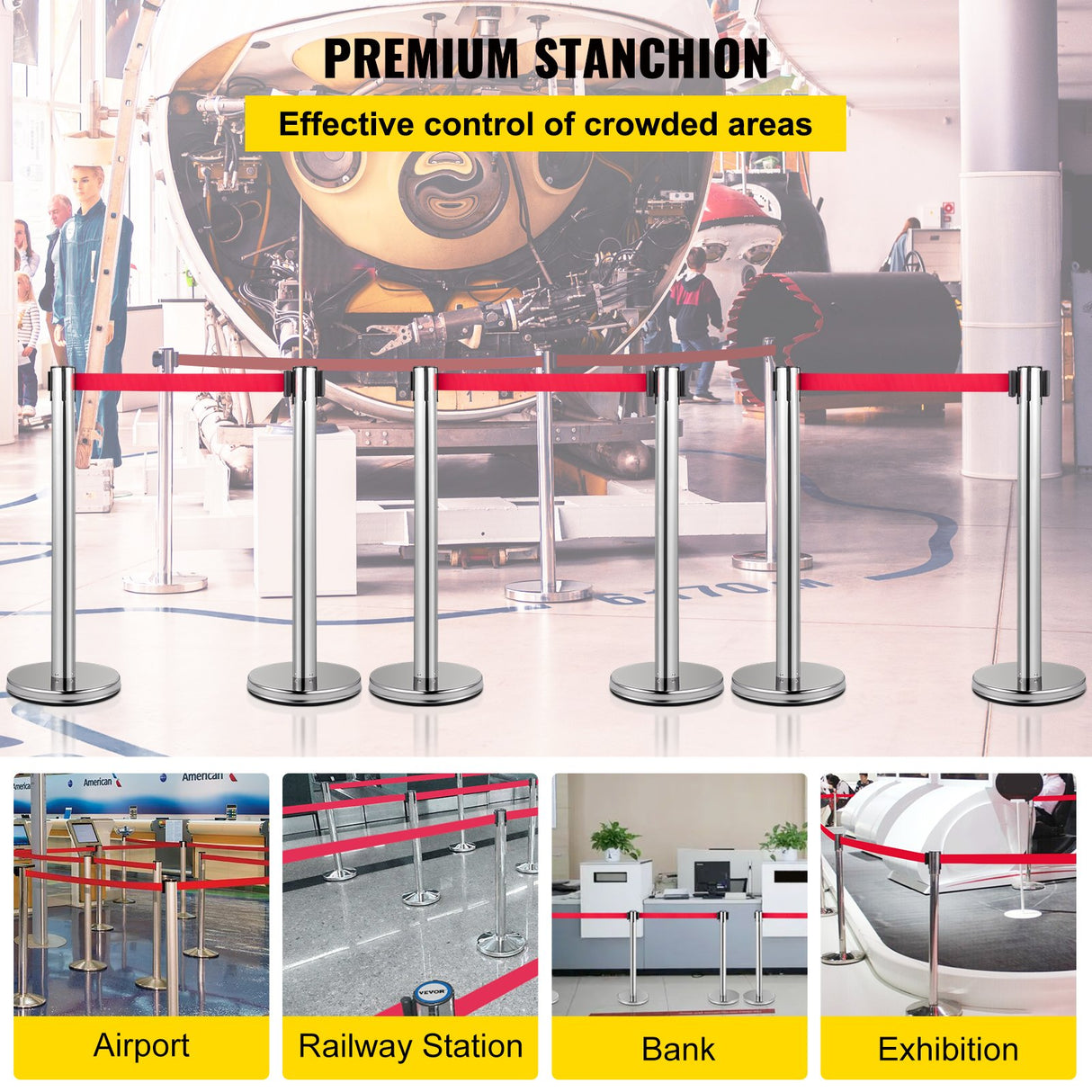 VEVOR Crowd Control Stanchion, Set of 6 Pieces Stanchion Set, Stanchion Set with 2 m Red Retractable Belt, Crowd Control Barrier with Rubber Base – Easy Connect Assembly for Crowd Control (Silver)