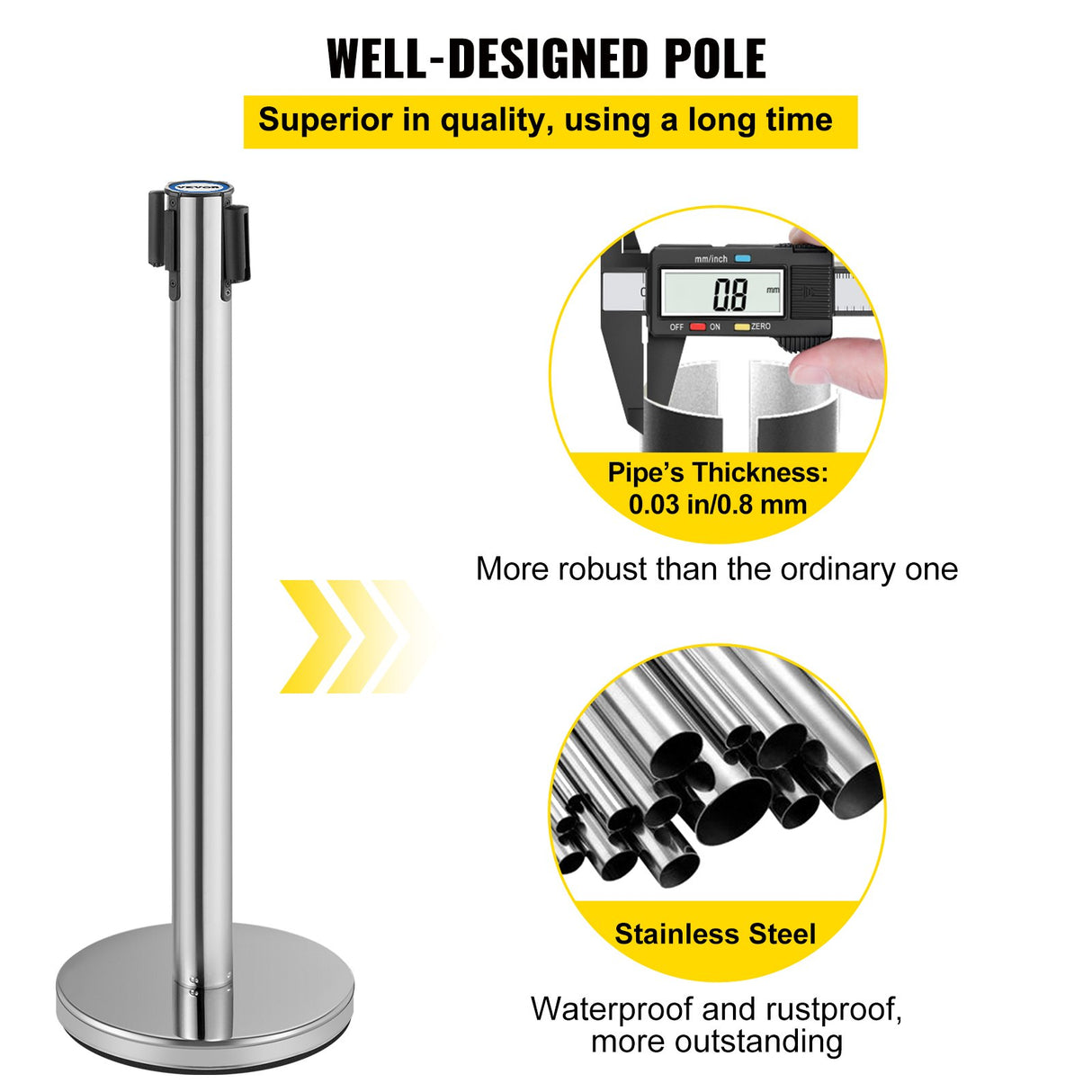 VEVOR Crowd Control Stanchion, Set of 6 Pieces Stanchion Set, Stanchion Set with 2 m Red Retractable Belt, Crowd Control Barrier with Rubber Base – Easy Connect Assembly for Crowd Control (Silver)
