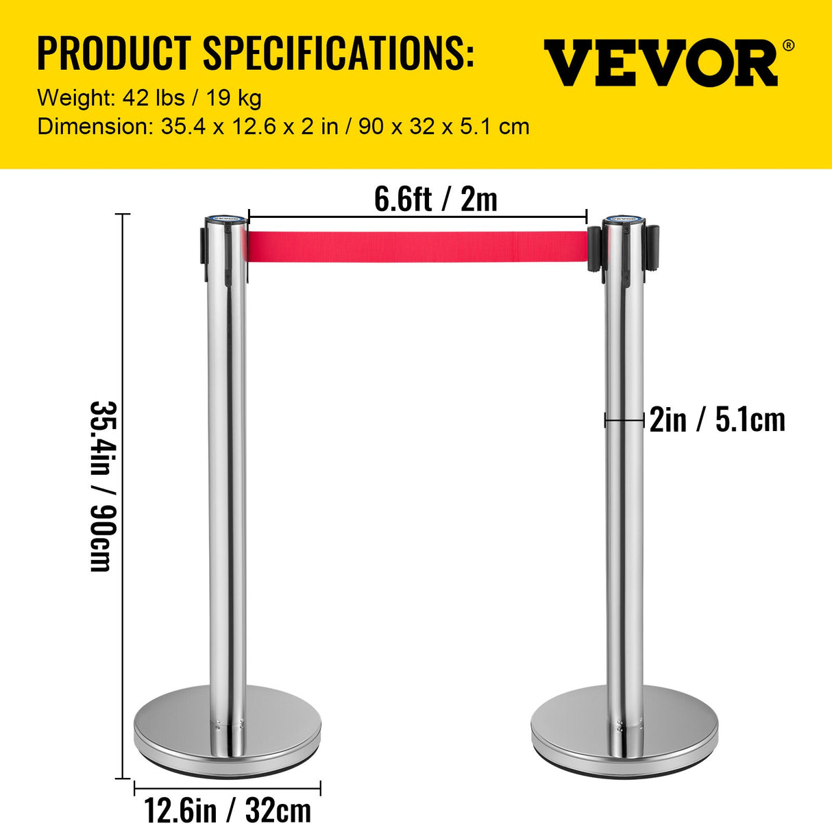 VEVOR Crowd Control Stanchion, Set of 6 Pieces Stanchion Set, Stanchion Set with 2 m Red Retractable Belt, Crowd Control Barrier with Rubber Base – Easy Connect Assembly for Crowd Control (Silver)