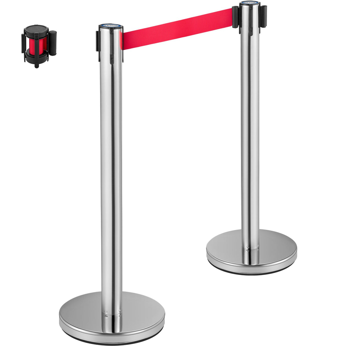 VEVOR Crowd Control Stanchion, Set of 6 Pieces Stanchion Set, Stanchion Set with 2 m Red Retractable Belt, Crowd Control Barrier with Rubber Base ??Easy Connect Assembly for Crowd Control (Silver)