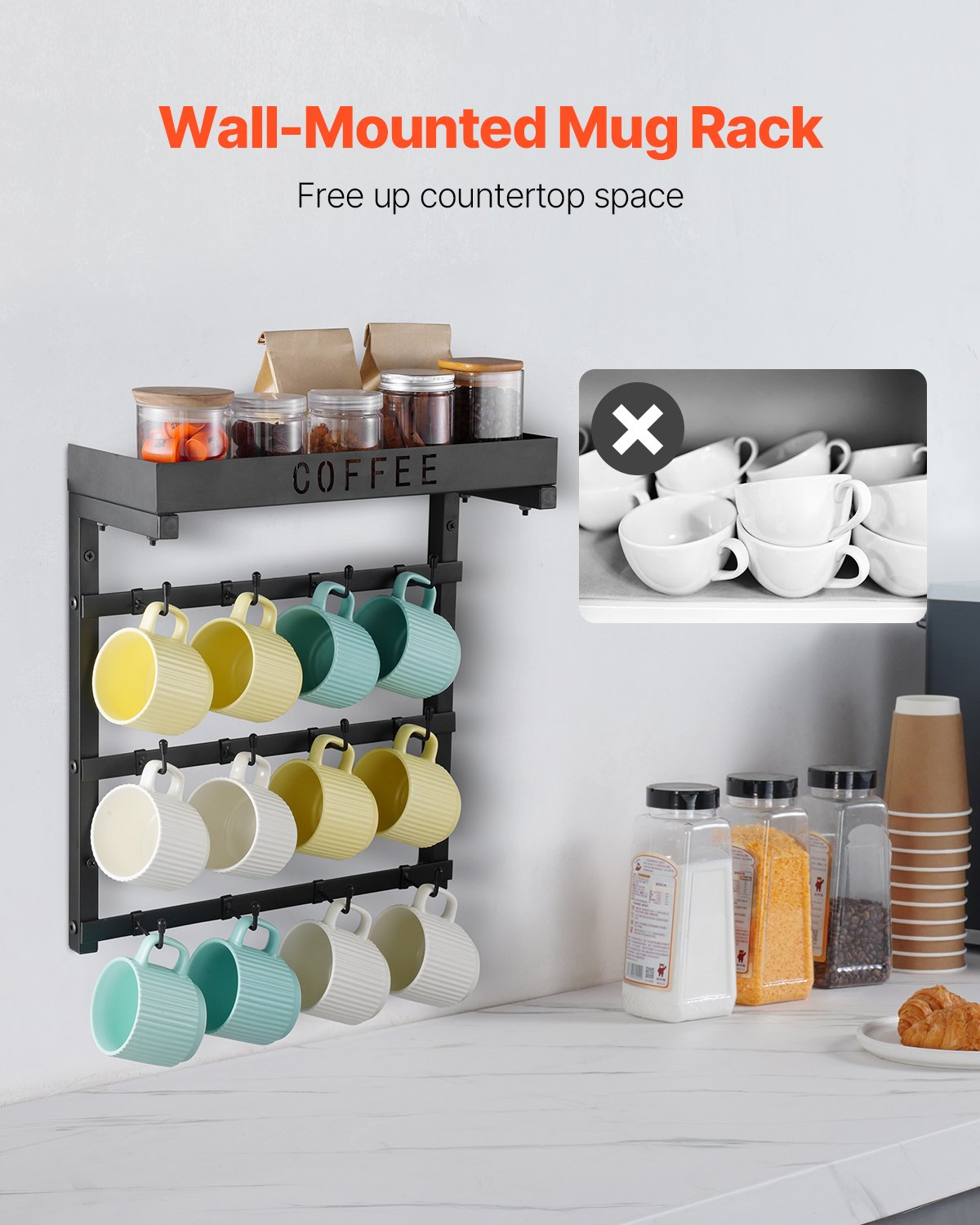 VEVOR Coffee Mug Holder Wall Mounted w/ 12 Movable Hooks and Top Shelf Cup Rack