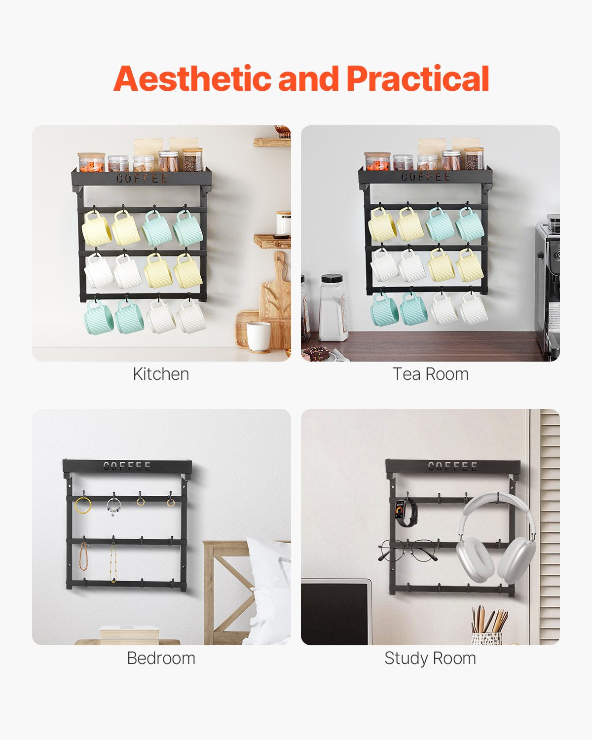 VEVOR Coffee Mug Holder Wall Mounted w/ 12 Movable Hooks and Top Shelf Cup Rack