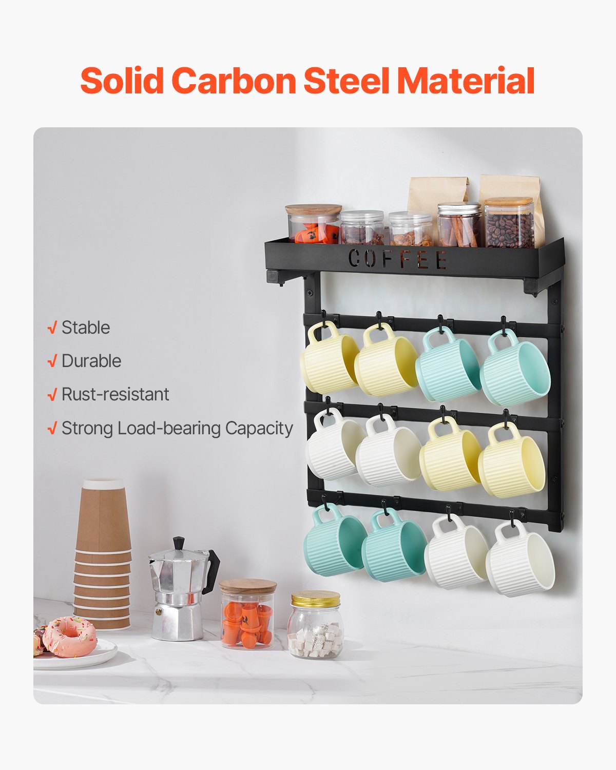 VEVOR Coffee Mug Holder Wall Mounted w/ 12 Movable Hooks and Top Shelf Cup Rack