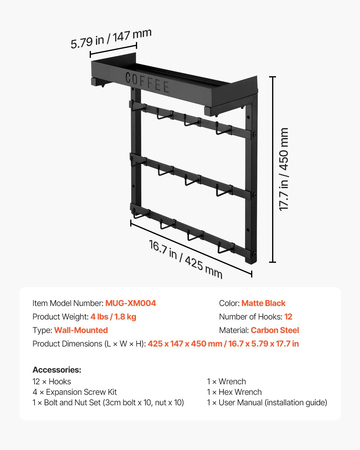 VEVOR Coffee Mug Holder Wall Mounted w/ 12 Movable Hooks and Top Shelf Cup Rack