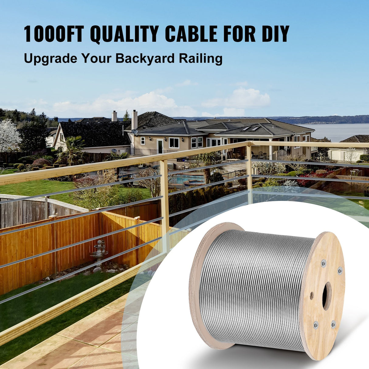VEVOR Stainless Steel Cable Railing 3/16" x 1000ft, Wire Rope 316 Marine Grade, Braided Aircraft Cable 1x19 Strands Construction for Deck,Rail,Balusters,Stair,Handrail,Porch,Fence
