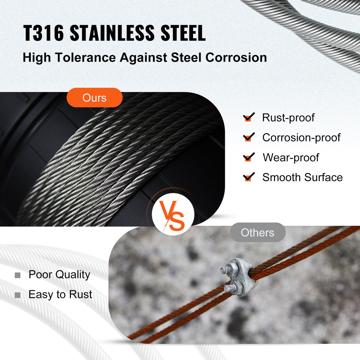 VEVOR Stainless Steel Cable Railing 3/16" x 1000ft, Wire Rope 316 Marine Grade, Braided Aircraft Cable 1x19 Strands Construction for Deck,Rail,