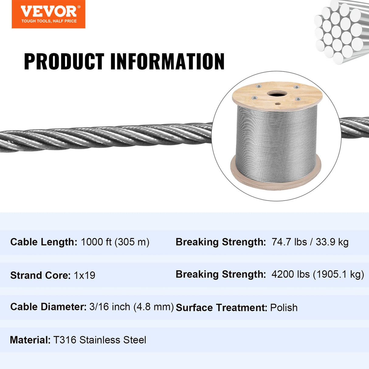 VEVOR Stainless Steel Cable Railing 3/16" x 1000ft, Wire Rope 316 Marine Grade, Braided Aircraft Cable 1x19 Strands Construction for Deck,Rail,Balusters,Stair,Handrail,Porch,Fence