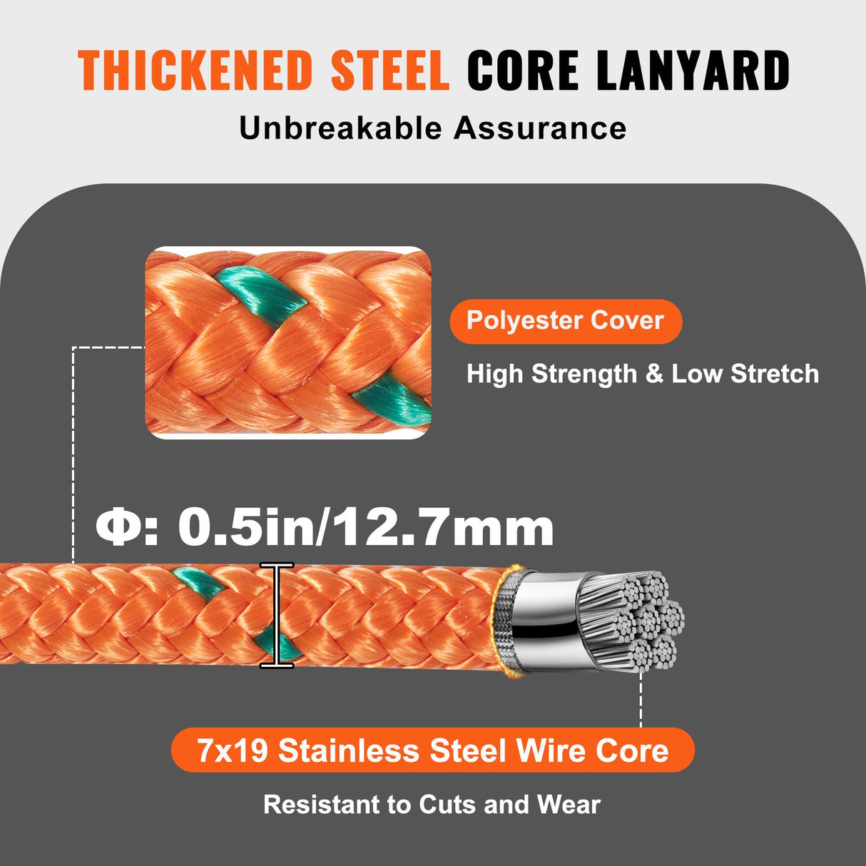 12.7mm Steel Core Flipline, 16ft(4.8m)Arborist Flipline for Tree Climbing with Alloy Steel Snap Hook & Aluminum Alloy Carabiner, 30KN Breaking Tension for Fall Protection, Tree Climber