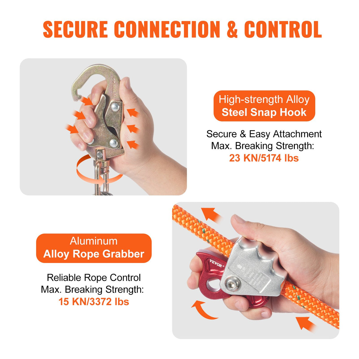 VEVOR 12.7mm Steel Core Flipline, 16ft(4.8m)Arborist Flipline for Tree Climbing with Alloy Steel Snap Hook & Aluminum Alloy Carabiner, 30KN Breaking Tension for Fall Protection, Tree Climber