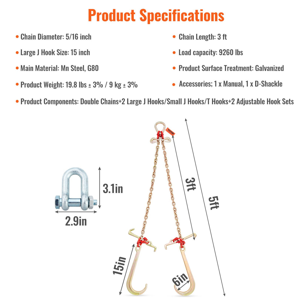 VEVOR V-Chain Bridle, 4364 kg Working Load Limit, 8 x 914.4 mm G80 Tow Chain with RTJ Cluster Hooks, DOT Certified, Galvanized Coating Manganese Steel & D-Shackle, for Lifting & Moving Activities