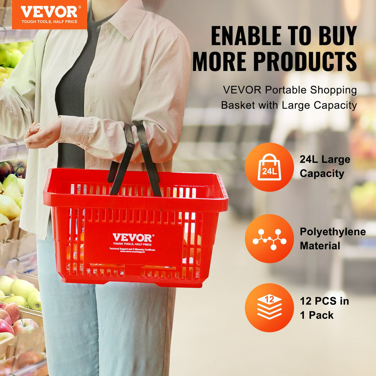 Shopping Basket, Set of 12, 24L Durable Plastic Grocery Basket with Handle and Stand, 425 x 295 x 225 mm Portable Shop Basket Bulk Used for Retail Store, Supermarket, and Grocery Shopping, Red
