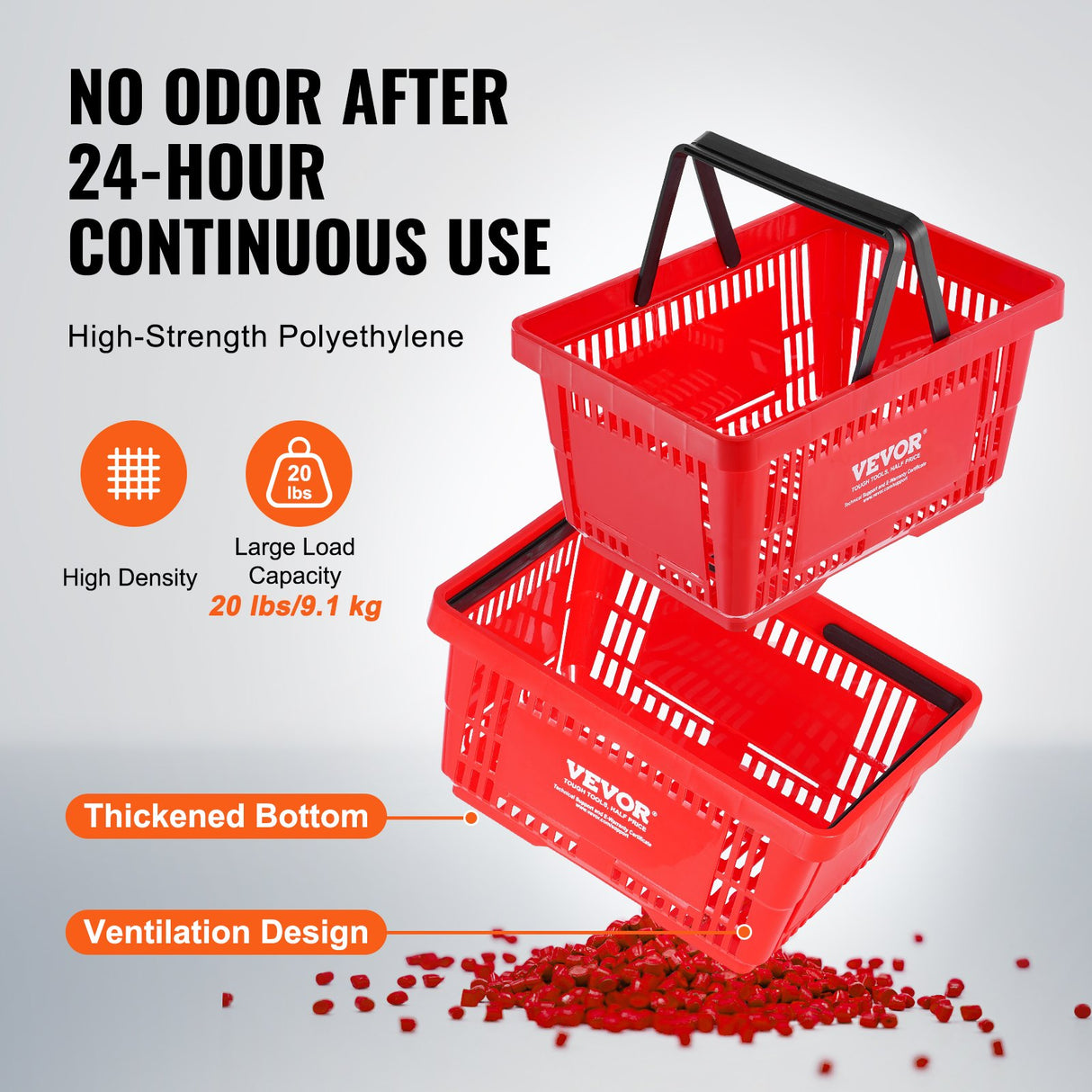 Shopping Basket, Set of 12, 24L Durable Plastic Grocery Basket with Handle and Stand, 425 x 295 x 225 mm Portable Shop Basket Bulk Used for Retail Store, Supermarket, and Grocery Shopping, Red