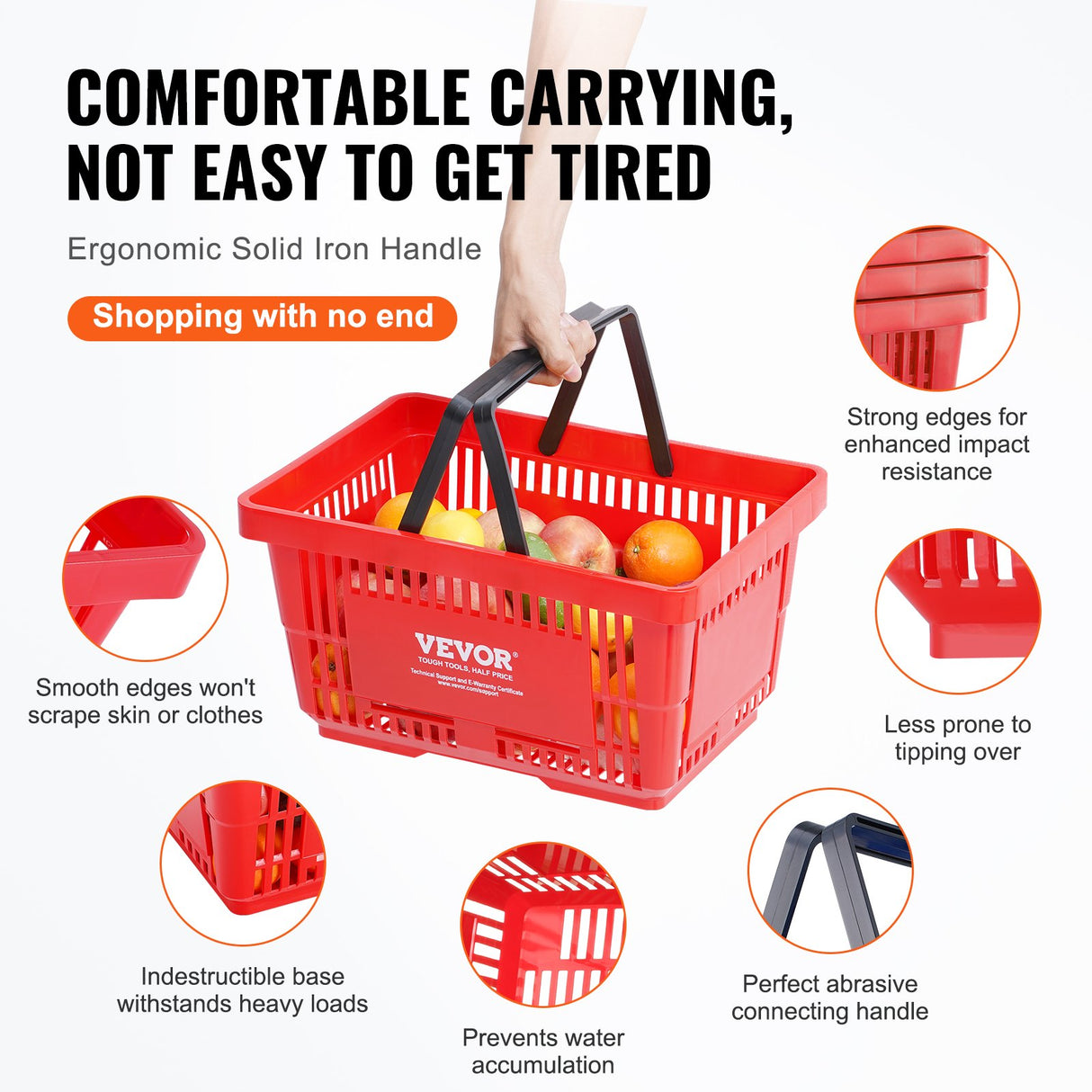 VEVOR Shopping Basket, Set of 12, 24L Durable Plastic Grocery Basket with Handle and Stand, 425 x 295 x 225 mm Portable Shop Basket Bulk Used for Retail Store, Supermarket, and Grocery Shopping, Red