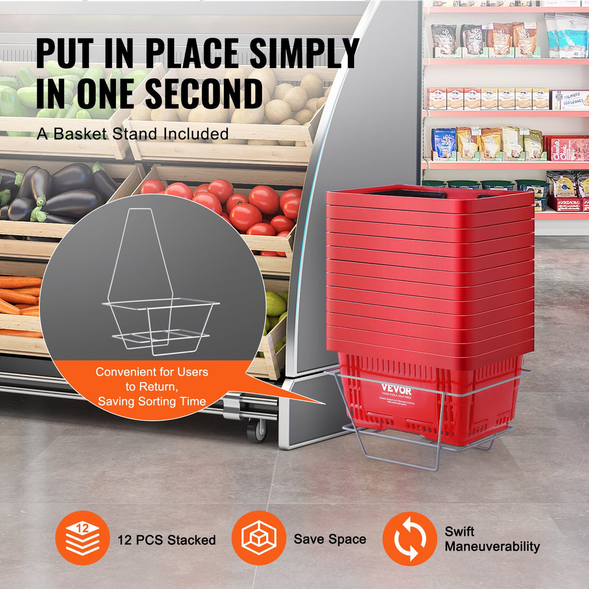 Shopping Basket, Set of 12, 24L Durable Plastic Grocery Basket with Handle and Stand, 425 x 295 x 225 mm Portable Shop Basket Bulk Used for Retail Store, Supermarket, and Grocery Shopping, Red