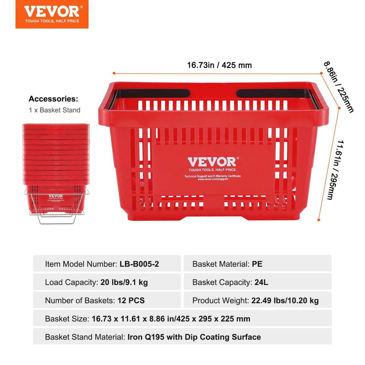 Shopping Basket, Set of 12, 24L Durable Plastic Grocery Basket with Handle and Stand, 425 x 295 x 225 mm Portable Shop Basket Bulk Used for Retail Store, Supermarket, and Grocery Shopping, Red