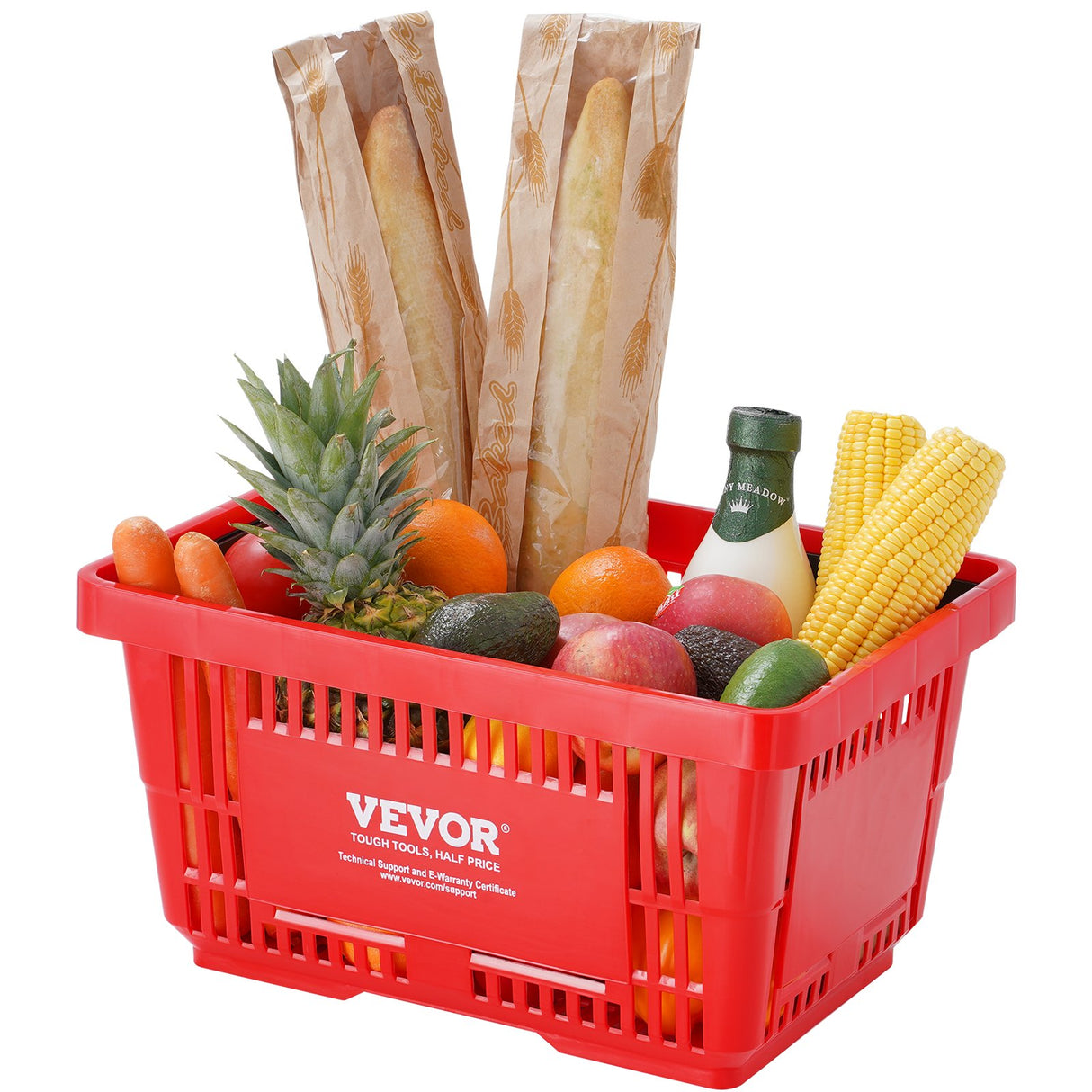 VEVOR Shopping Basket, Set of 12, 24L Durable Plastic Grocery Basket with Handle and Stand, 425 x 295 x 225 mm Portable Shop Basket Bulk Used for Retail Store, Supermarket, and Grocery Shopping, Red