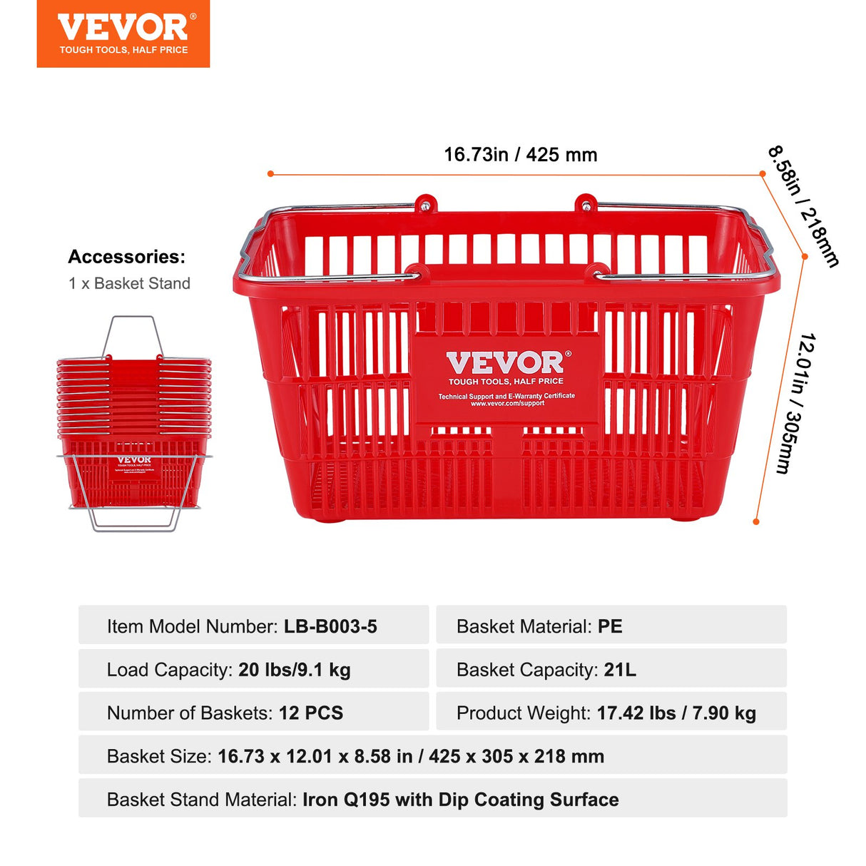 VEVOR Shopping Basket, Set of 12, 21L Durable Plastic Grocery Basket with Metal Handle and Stand, 425 x 305 x 218 mm Portable Shop Basket Bulk Used