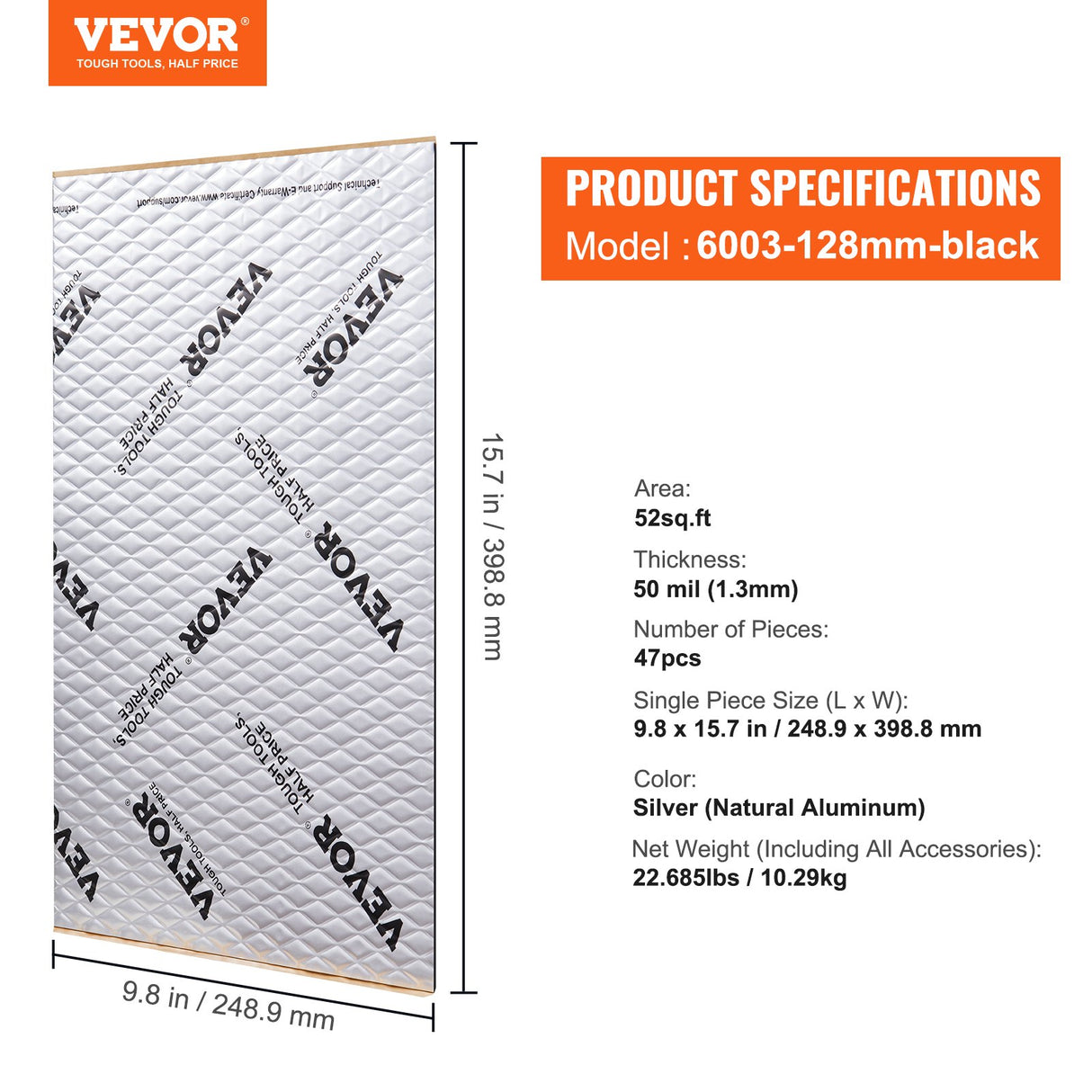 VEVOR Car Sound Deadening Mat, 50 mil 4.8sq.m Car Sound Dampening Material, Butyl Automotive Sound Deadener, Noise Insulation and Vibration Dampening Material for Car