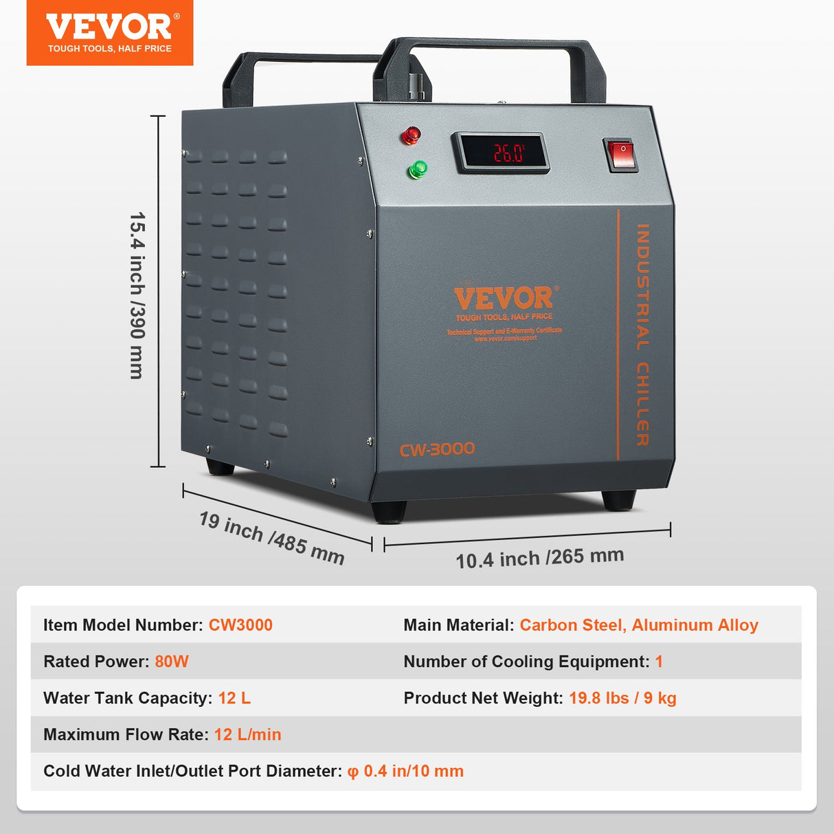 VEVOR Industrial Water Chiller, CW-3000, 80W Air-Cooled Industrial Water Cooler Cooling System with 12 L Water Tank Capacity 12 L/min Maximum Flow Rate, for Laser Engraving Machine Cooling Machine