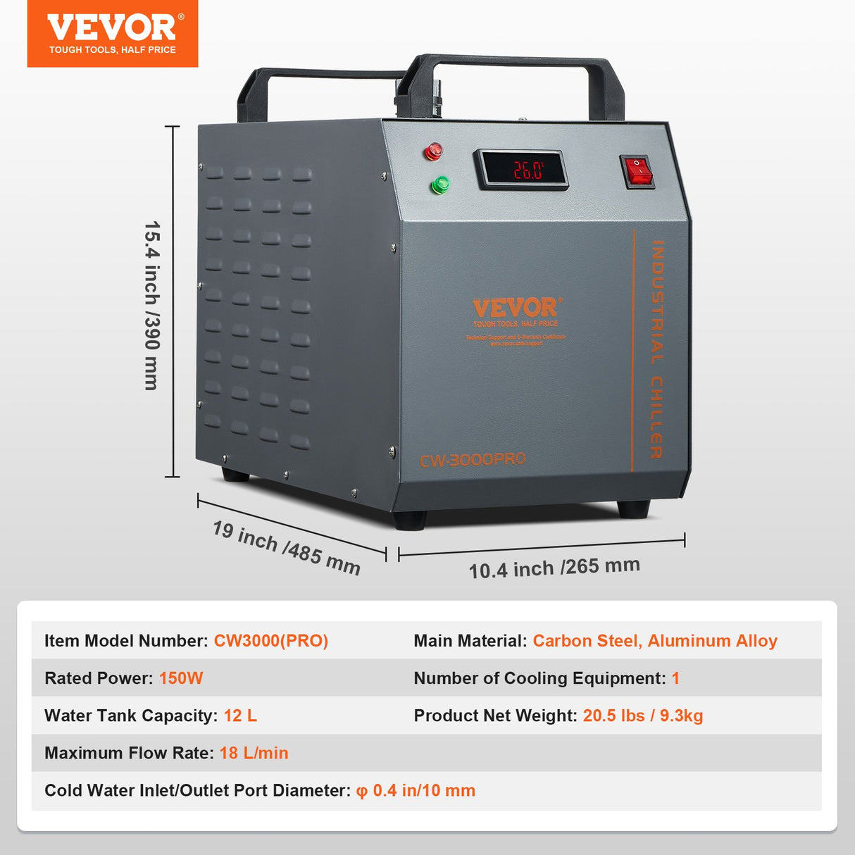 VEVOR Industrial Water Chiller, CW-3000(PRO), 150W Air-Cooled Industrial Water Cooler Cooling System with 12L Water Tank Capacity 18 L/min Max Flow