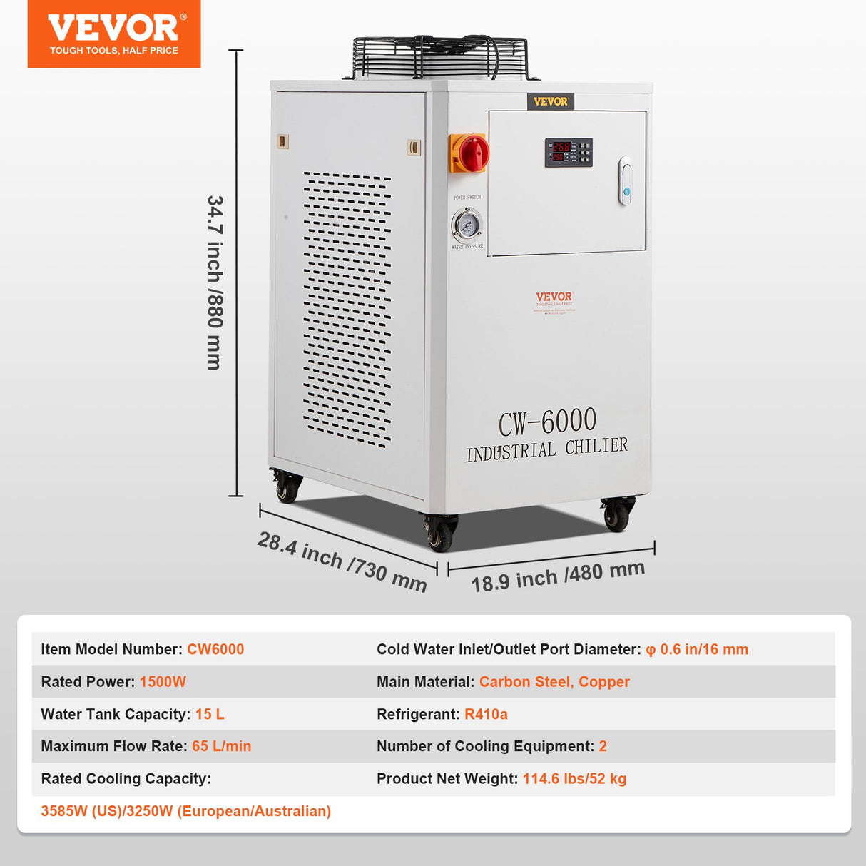 VEVOR Industrial Water Chiller, CW6000, 1500W Industrial Water Cooler Cooling System with Compressor 15L Water Tank Capacity 65 L/min Max Flow Rate,