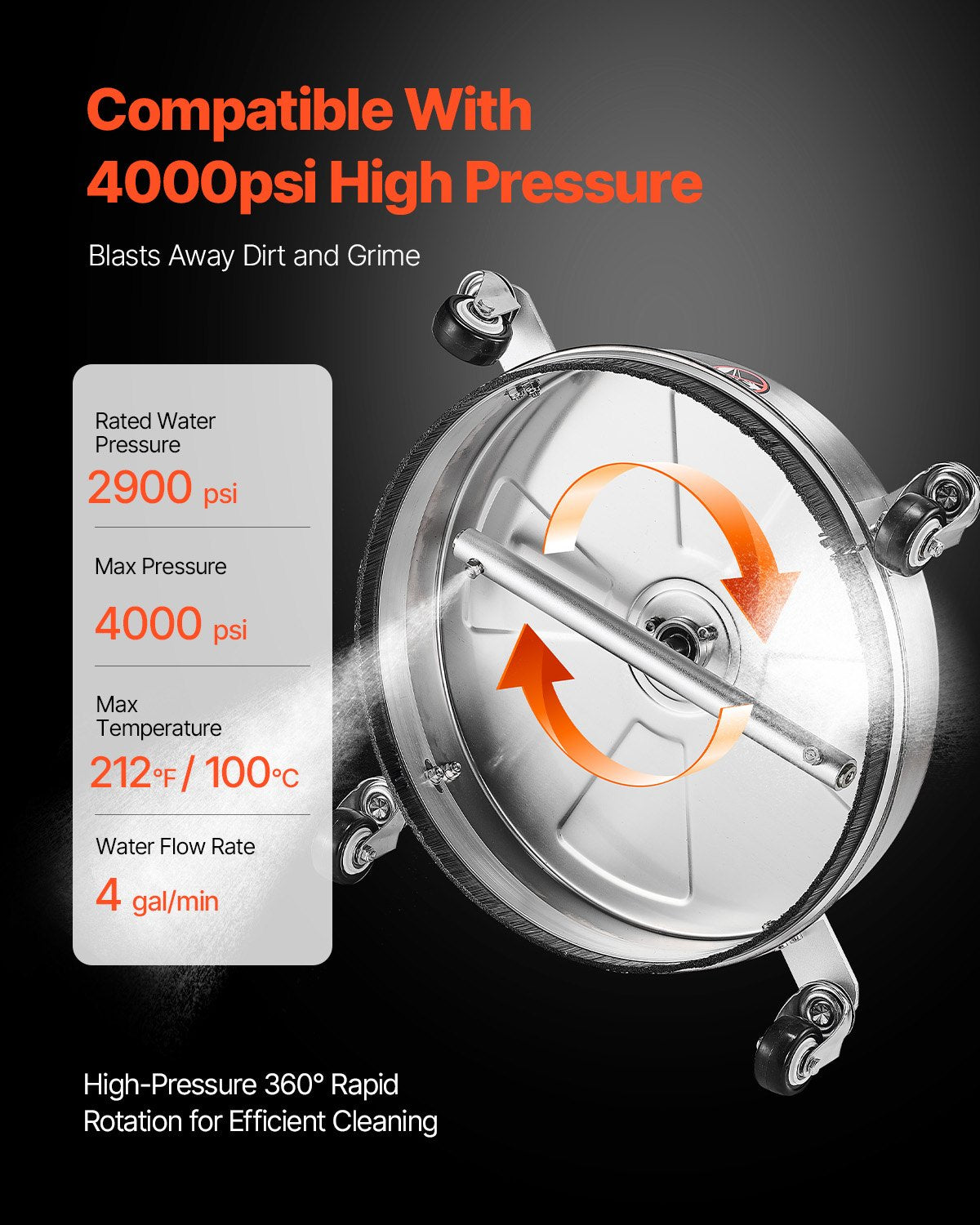 VEVOR 15" Pressure Washer Surface Cleaner 4 Wheels 4000 Max PSI 2 Extended Wands