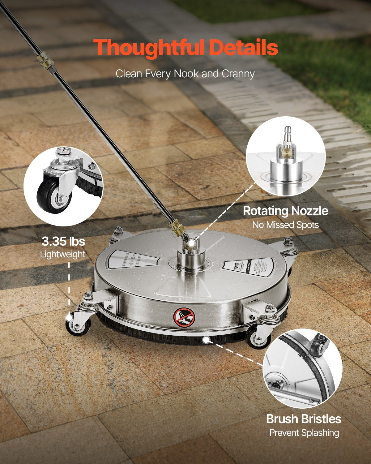 VEVOR 15" Pressure Washer Surface Cleaner 4 Wheels 4000 Max PSI 2 Extended Wands