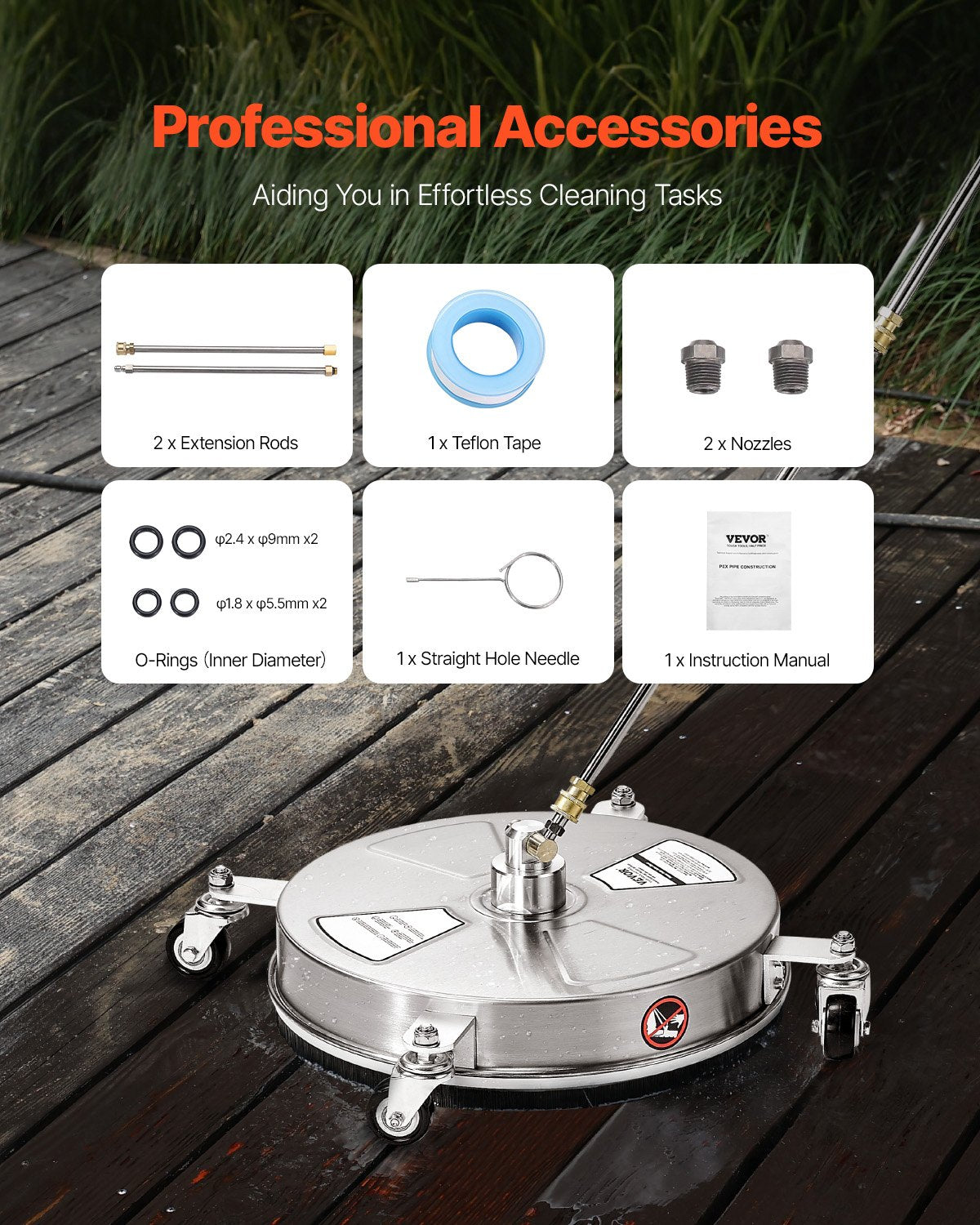 VEVOR 15" Pressure Washer Surface Cleaner 4 Wheels 4000 Max PSI 2 Extended Wands