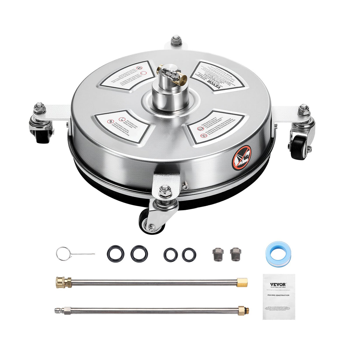 14" Pressure Washer Surface Cleaner, Stainless Steel Pressure Washer Attachments with 4 Wheels, 4000 Max PSI, 1/4 Quick Connector, 2 Spray Nozzles, 2 Extended Wands for Concrete, Patio, Deck