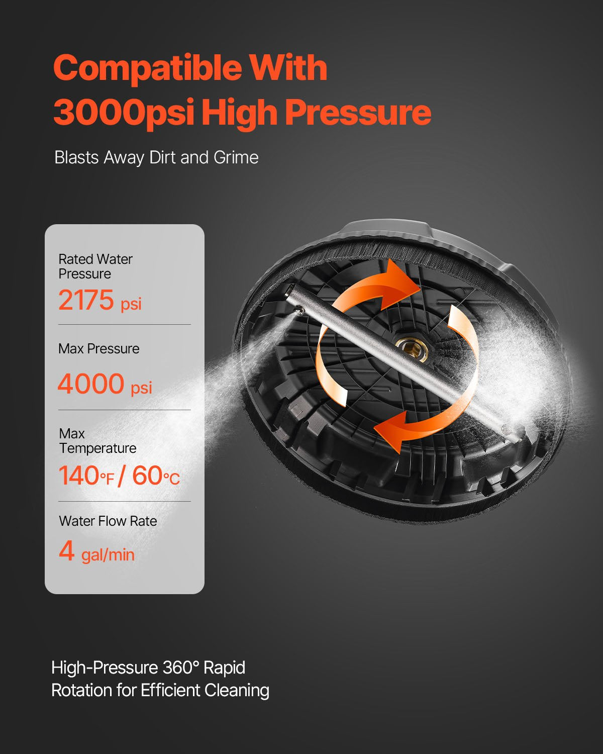 VEVOR 15" Pressure Washer Surface Cleaner 4000 Max PSI Plastic 2 Extended Wands