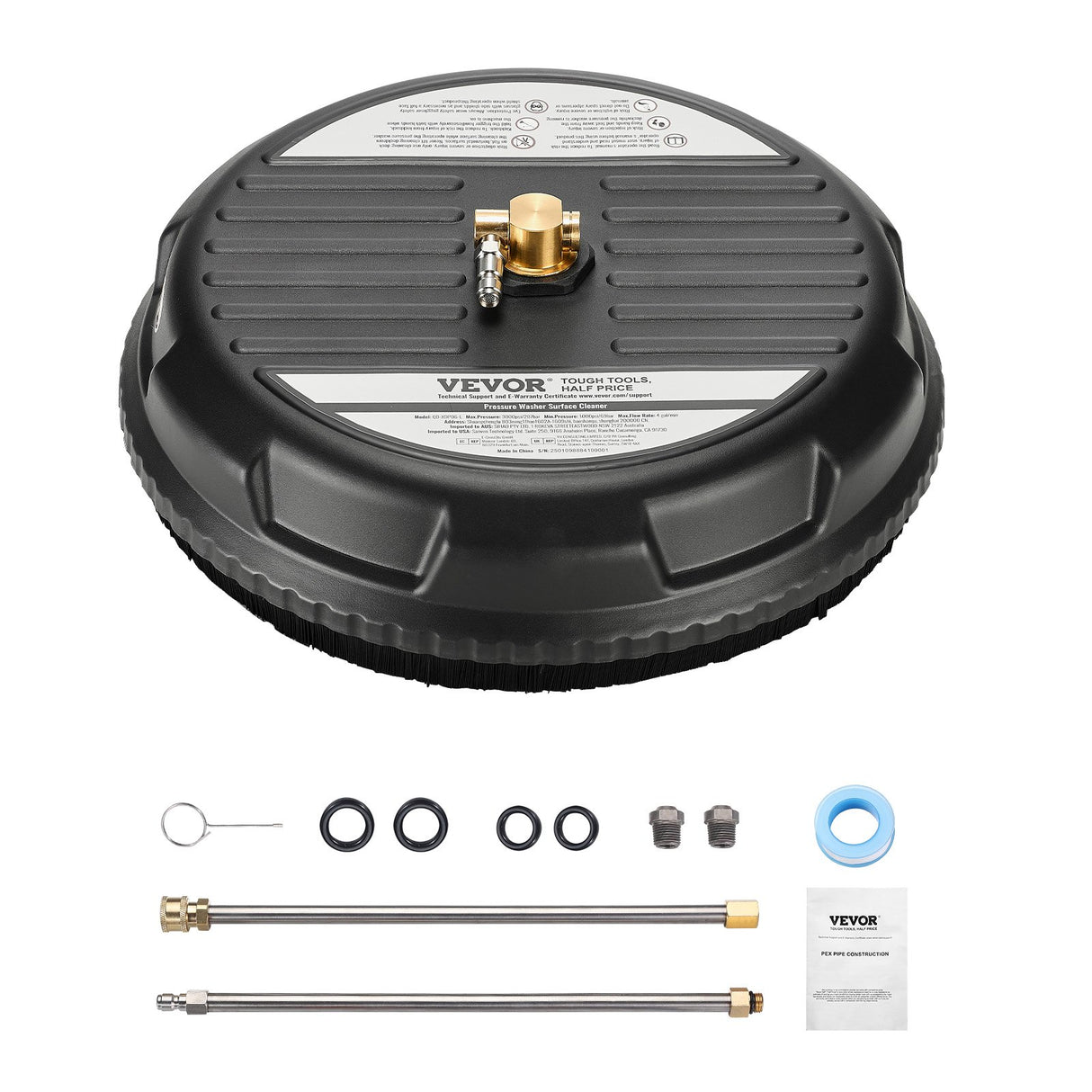 VEVOR 15" Pressure Washer Surface Cleaner 4000 Max PSI Plastic 2 Extended Wands