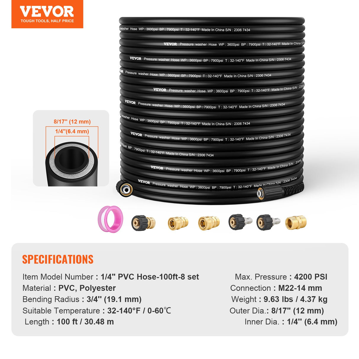 VEVOR Pressure Washer Hose, 100FT, 1/4" Kink Free M22-14mm Brass Thread Replacement For Most Brand Pressure Washers, 3/4'' Bending Radius, 4200 PSI